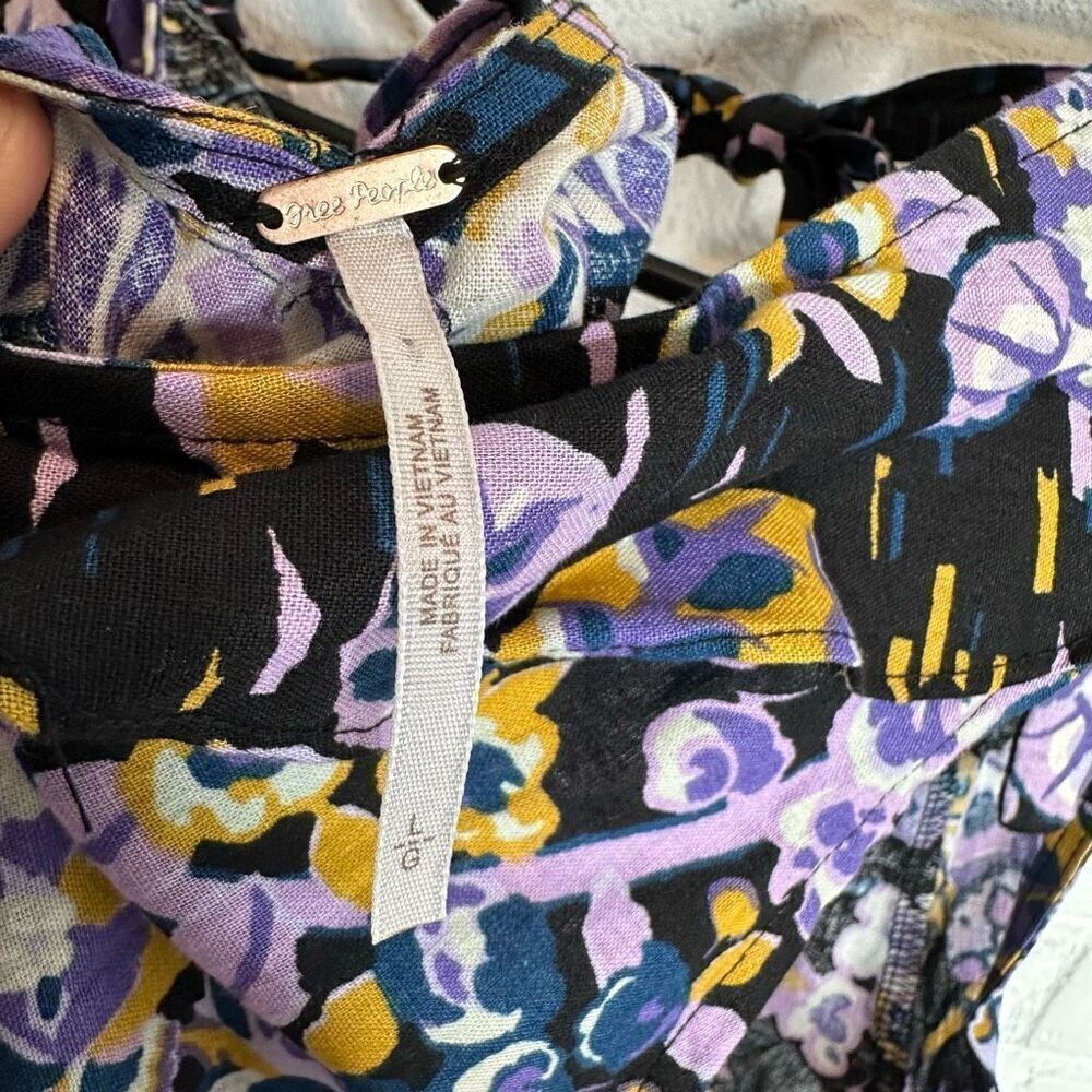 Free People‎ Tunic Summer In Tulum Purple Floral Linen Blend size Large - Picture 5 of 6